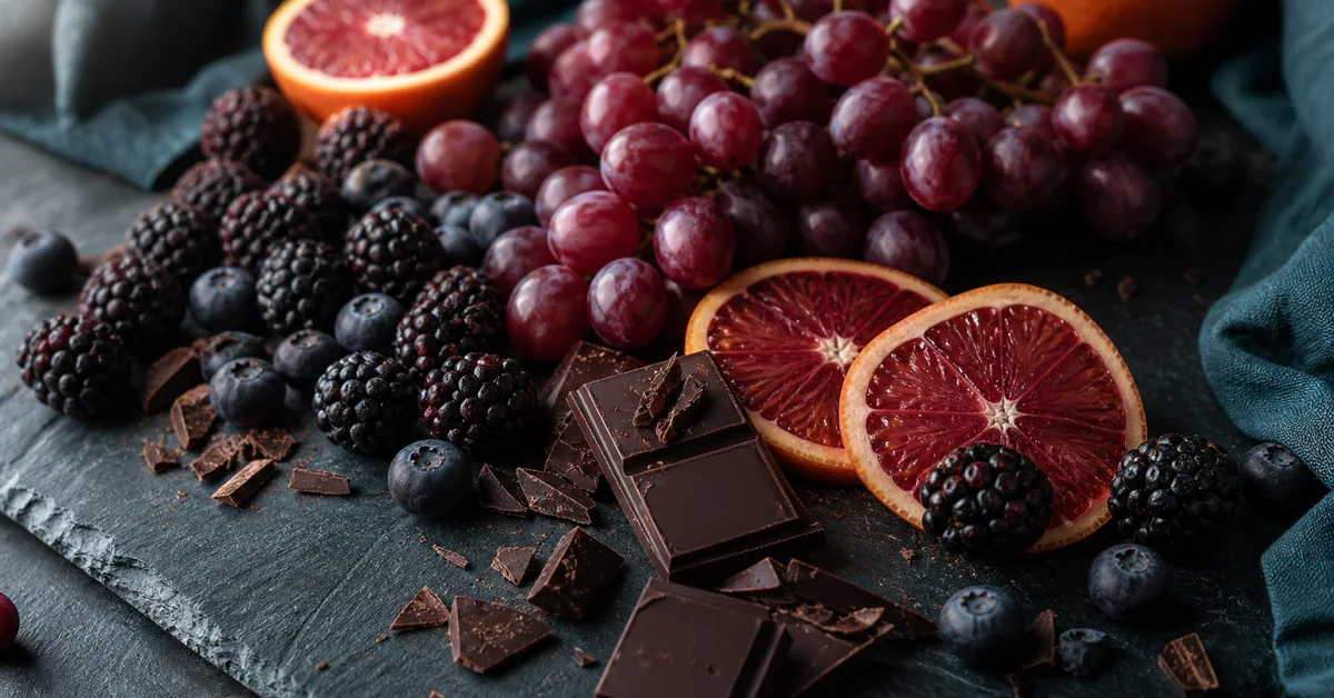 Schale mit Heidelbeeren, Trauben, Zwiebeln und grünem Tee – flavonoidreiche Lebensmittel für die Gefäße